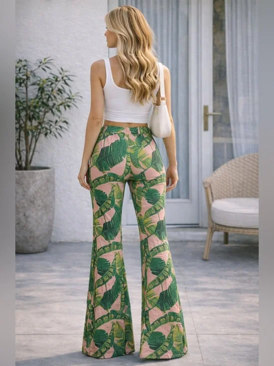 Judith March Palm Flare Pants Pink Green Tropical High Waist Bell Bottom Size S - Picture 3 of 14